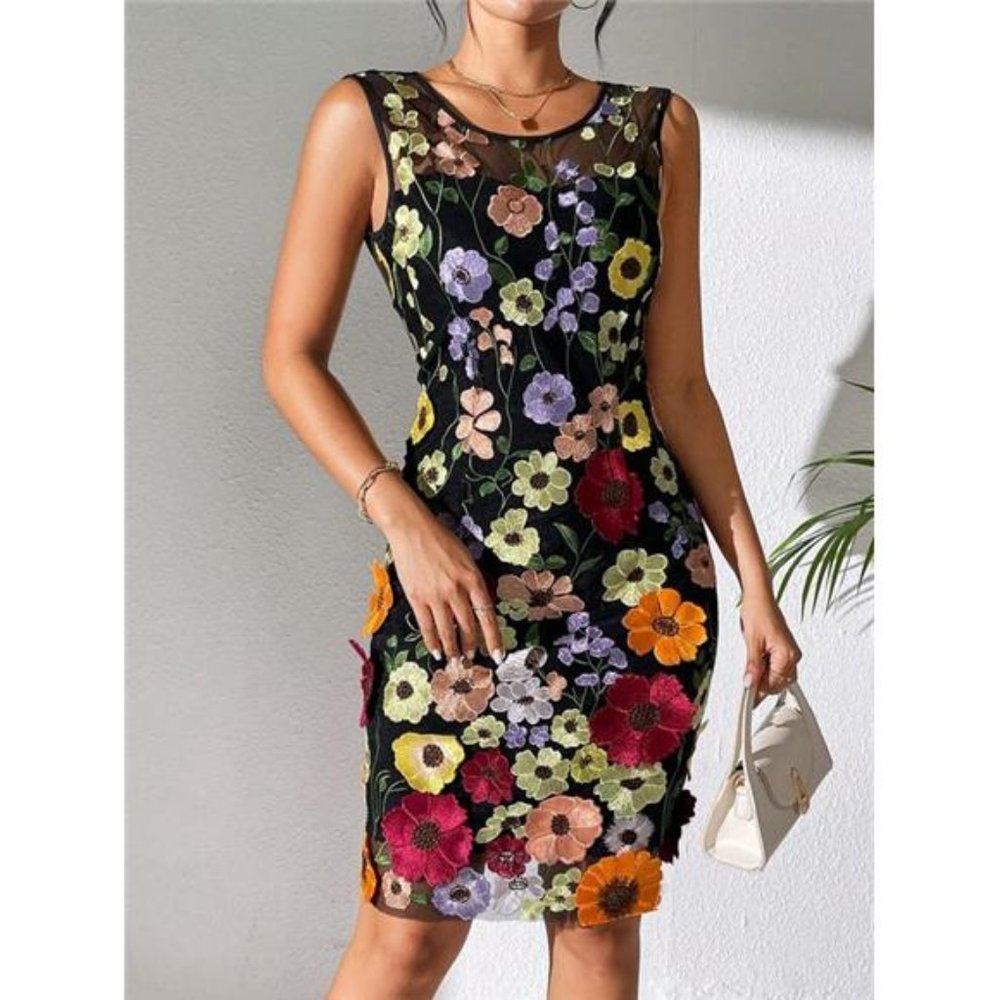 Summer Sleeveless Floral Embroidered Round Neck Bodycon Dress